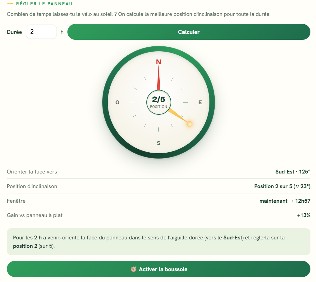 Onglet Solar Assistant : boussole indiquant la meilleure position d'inclinaison du panneau